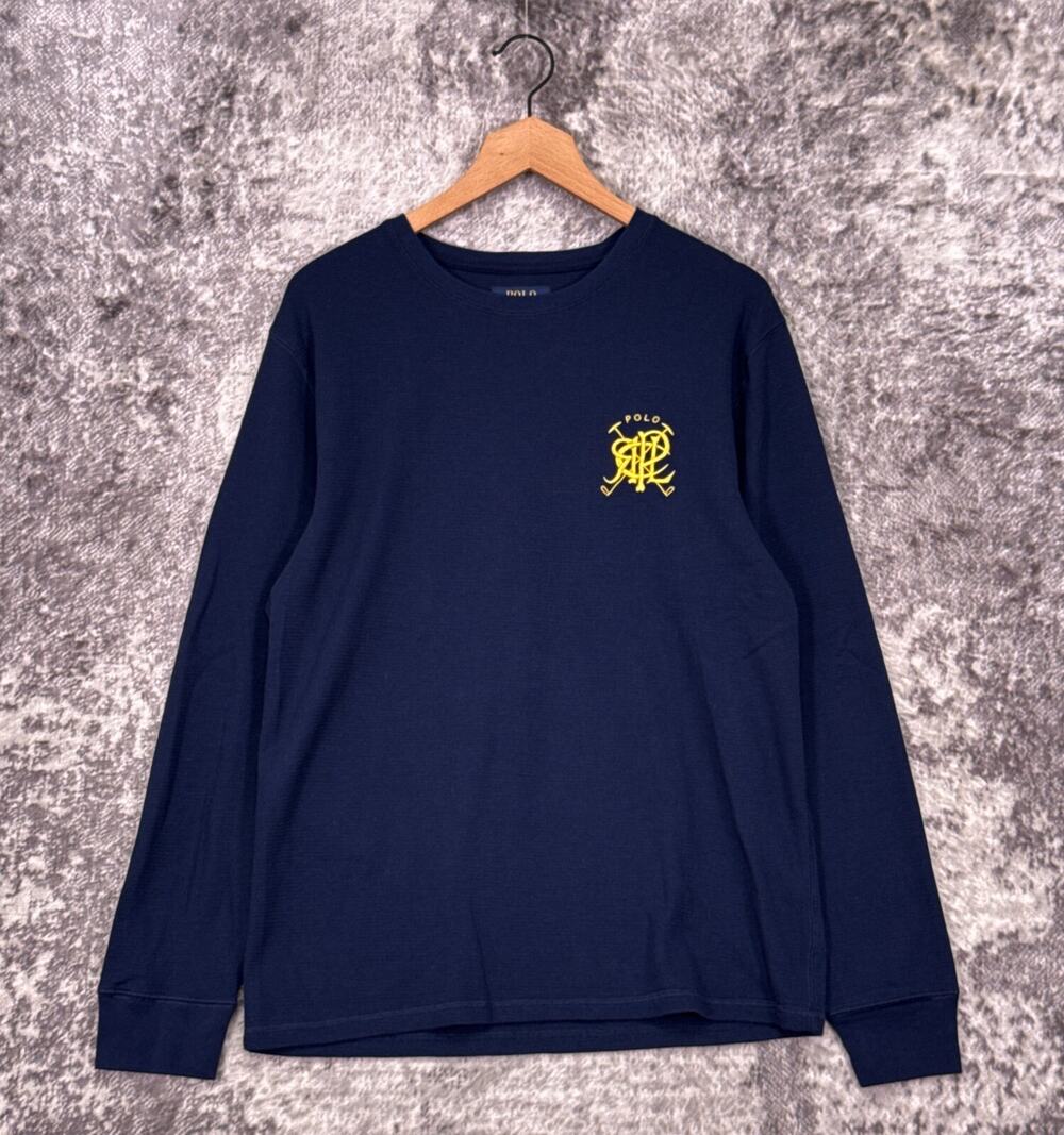 Polo Ralph Lauren Shirt Large Mens Monogram Waffle Thermal Blue Long Sleeve